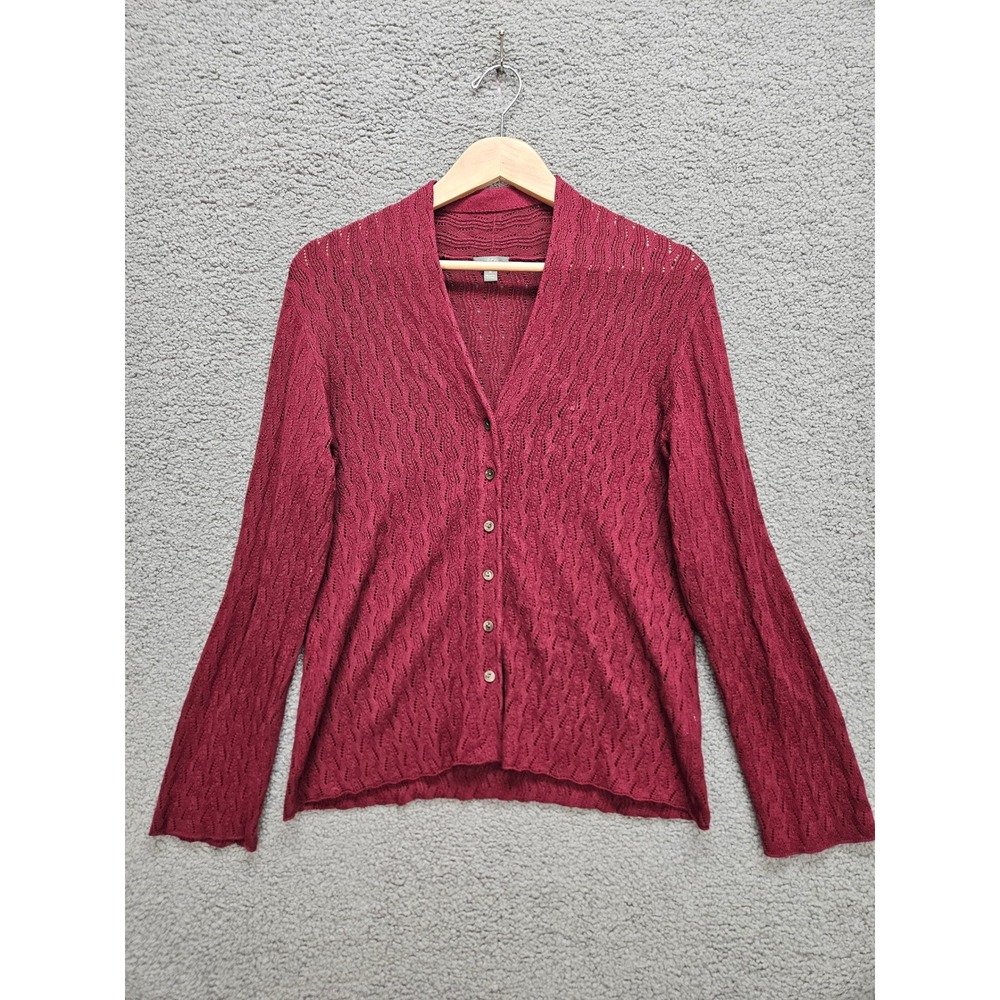 J. Jill Cardigan Sweater M Burgundy Silk Cotton Pointelle V-Neck Button Front